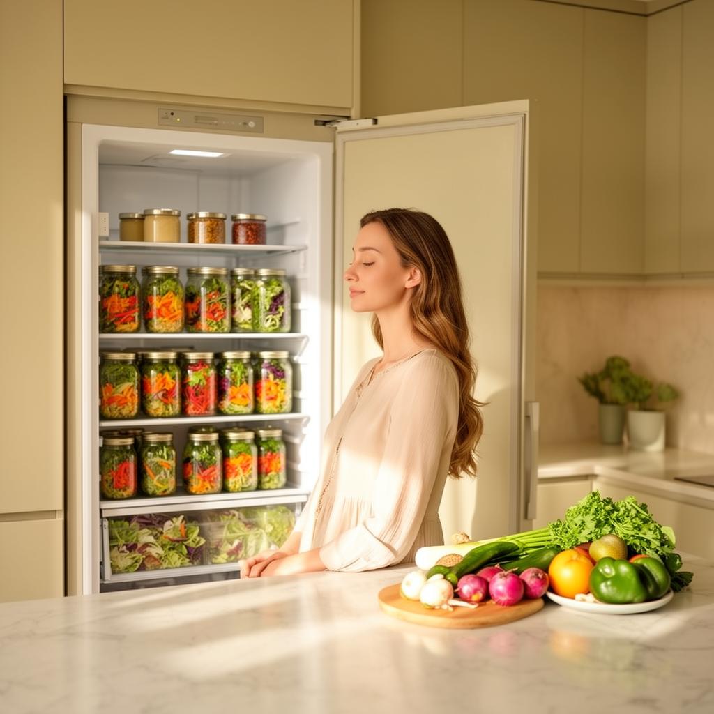 Mulher tranquila em uma cozinha iluminada com geladeira organizada e saladas no pote